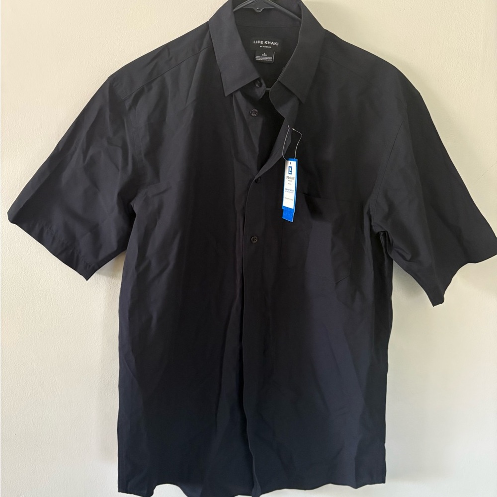 Men's Life Khaki Black Short Sleeve Collar Button Down Comfort Woven Shirt
